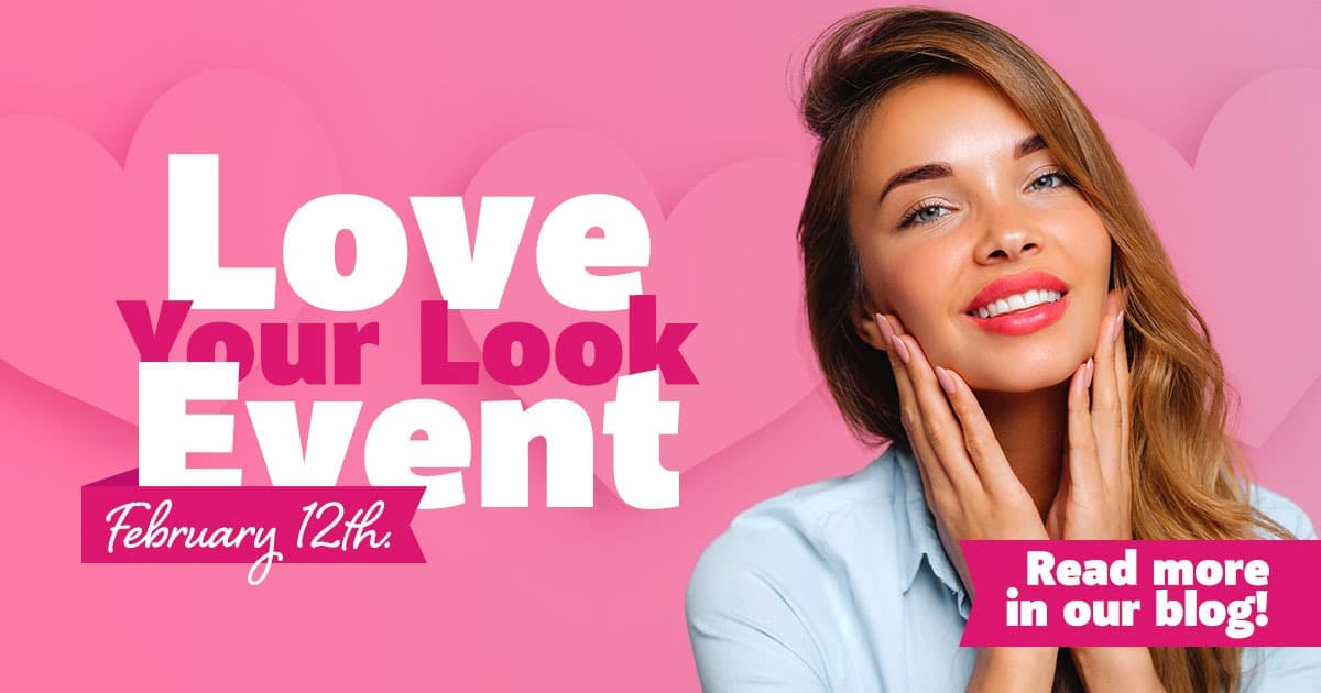 Love your look event, woman with long dark hair, hands cupping face, smiling, cosmetic dermatology in san antonio